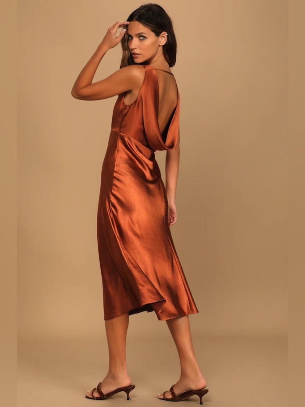 Lulus Incredible Love Brown Satin Cowl Back Midi Slip Dress - Picture 5 of 13